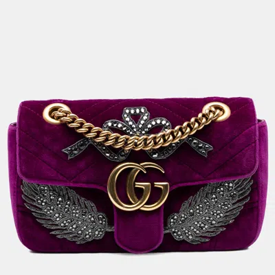 Pre-owned Gucci Purple Small Gg Marmont Matelasse Velvet Crystal Embellished Shoulder Bag