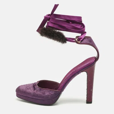 Pre-owned Gucci Purple Velvet And Mink Fur Ankle Strap Sandals Size 37