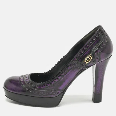 Pre-owned Gucci Purple/black Leather Brogue Round Toe Platform Pumps Size 37.5