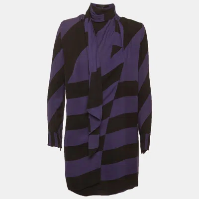 Pre-owned Gucci Purple/black Striped Silk Blend Wrap Over Mini Dress S In Multi