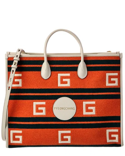 Gucci Pyeongchang Embroidered Wool & Leather Tote In Orange
