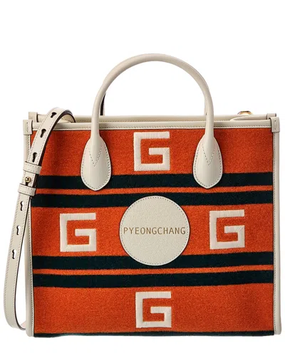 Gucci Pyeongchang Small Embroidered Wool & Leather Tote In Orange