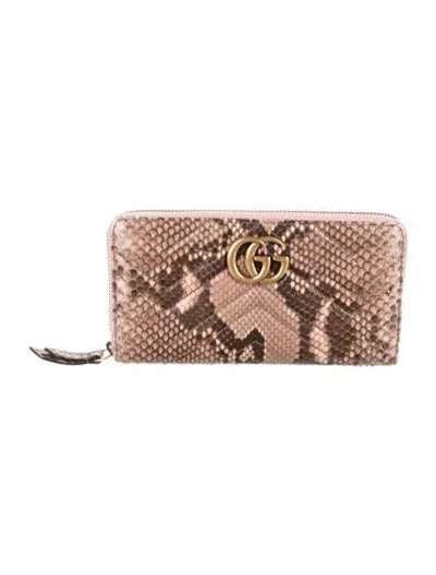 Pre-owned Gucci Python Gg Marmont Matelassé Zip Around Double G Logo Continental Wallet In Pink