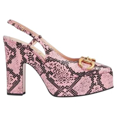 Pre-owned Gucci Python Snakeskin-print Platform Pumps Size 37.5 In Sand