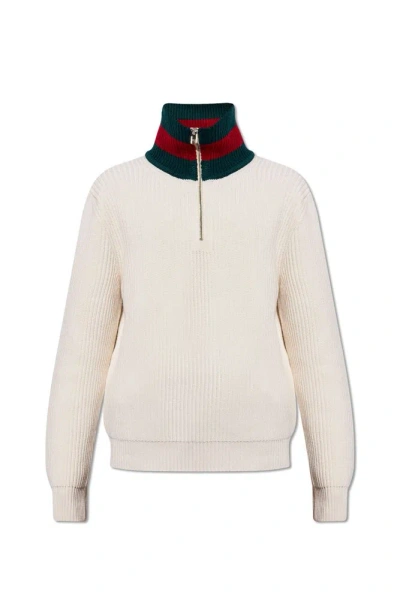 Gucci Knit Wool Jumper With Web In Ivory+green+red