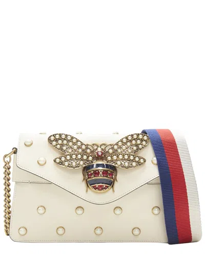Pre-owned Gucci Queen Margaret Embellished Bee Pearl Stud White Flap Crossbody Bag  (authentic Pre-loved)
