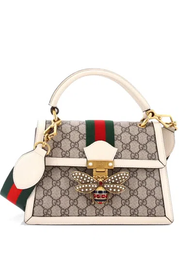 Pre-owned Gucci Queen Margaret Top Handle Bag Gg Coated Canvas With Leather Small Satchel In White