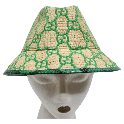 Pre-owned Gucci Raffia Elaphe Gg Monogram Embroidered Wide Brim Hat In Brown