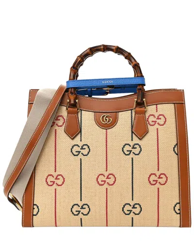 Gucci Raffia Monogram Gg Jacquard Medium Diana Tote (authentic Pre-loved) In Brown