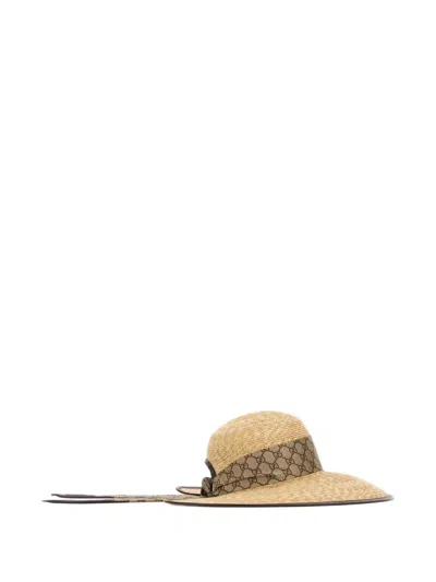Gucci Hut Aus Raffiabast Mit Monogramm-band In Brown