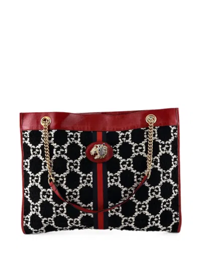 Pre-owned Gucci Rajah Chain Gg Tweed Large Tote Bag In Black