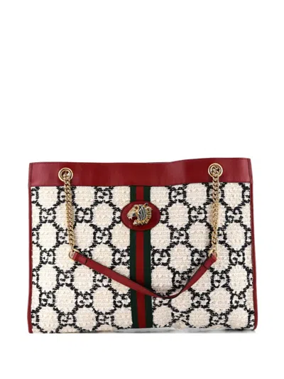 Pre-owned Gucci Rajah Chain Gg Tweed Large Tote Bag In Neutral