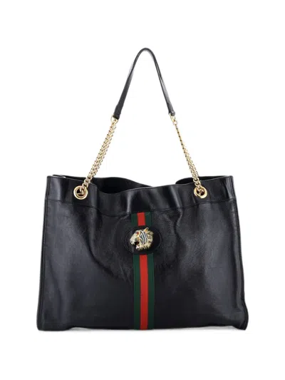 Pre-owned Gucci Rajah Chain Leather Large Tote Bag In Black