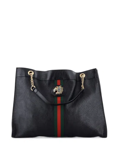 Pre-owned Gucci Rajah Chain Leather Large Tote Bag In Black