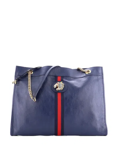 Pre-owned Gucci Rajah Chain Leather Large Tote Bag In Blue