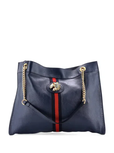 Pre-owned Gucci Rajah Chain Leather Large Tote Bag In Blue