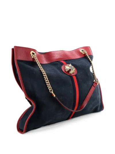Pre-owned Gucci Rajah Chain Suede Large Tote Bag In Blue