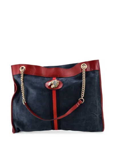 Pre-owned Gucci Rajah Chain Suede Large Tote Bag In Blue