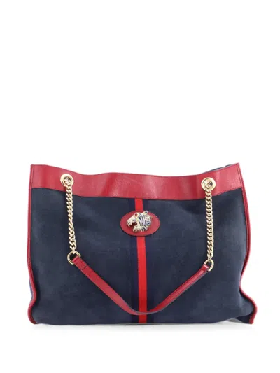 Pre-owned Gucci Rajah Chain Suede Large Tote Bag In Blue
