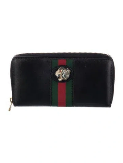 Pre-owned Gucci Rajah Zip Around Leather Wallet Web Accent Continental Wallet In Black