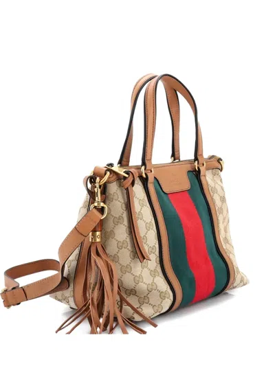 Pre-owned Gucci Rania Convertible Top Handle Bag Web Gg Canvas Small Satchel In Neutral
