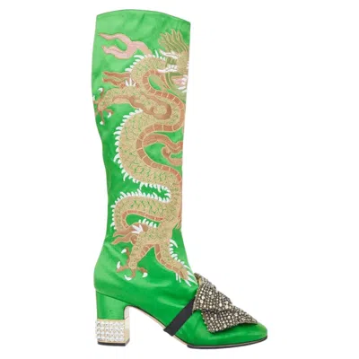 Pre-owned Gucci Rare  2017 Runway Caspar Satin Dragon Embroidered Boot Block Heels Eu39 In Green