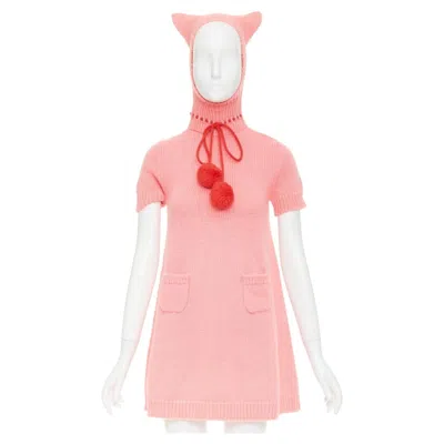 Pre-owned Gucci Rare  2021 Epilogue Wool Knit Ear Hooded Pom Pom Embellished Mini Dress Xs In Pink