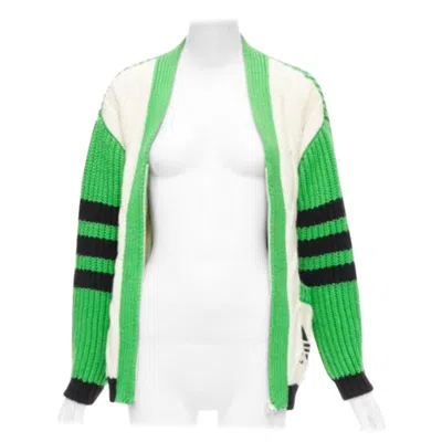 Pre-owned Gucci Rare  Adidas Green Cream Logo Pocket Varsity Cable Knit Cardigan Coat Xxs In White