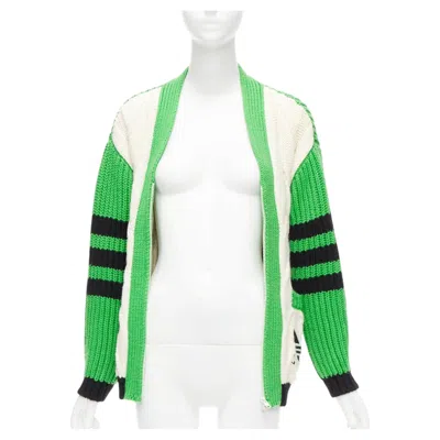 Pre-owned Gucci Rare  Adidas Green Cream Logo Pocket Varsity Cable Knit Cardigan Coat Xxs In White