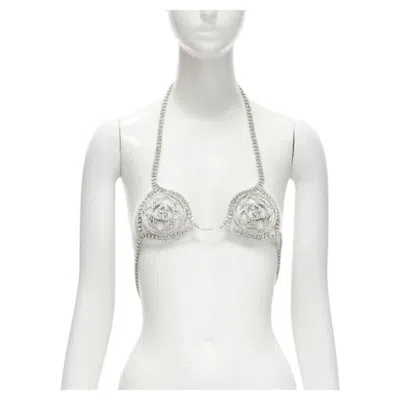 Pre-owned Gucci Rare  Alessandro Michele 2019 Runway Gg Rhinestone Crystals Showgirl Bra In Gray