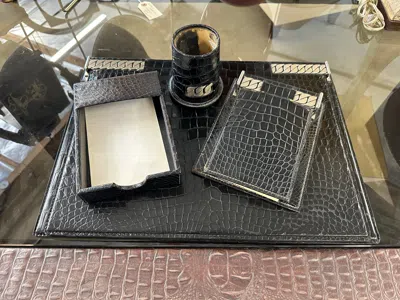 Pre-owned Gucci Rare  Alligator / Crocodile Leather 4 Piece Desk Set In Gray