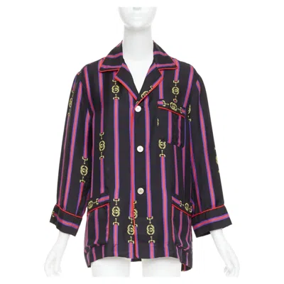 Pre-owned Gucci Rare  Garden 100% Silk Black Purple Gg Stripe Pajama Blouse Shirt Xxs