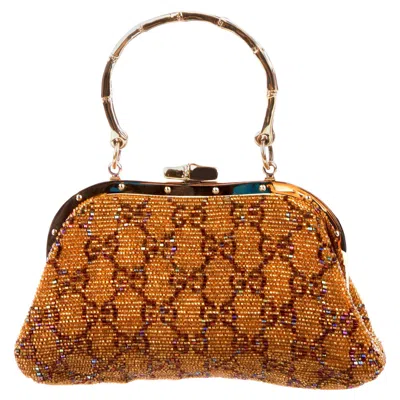 Pre-owned Gucci Rare  Iconic Golden Gg Monogram Beaded Bag Purse With Bamboo Handles In Brown