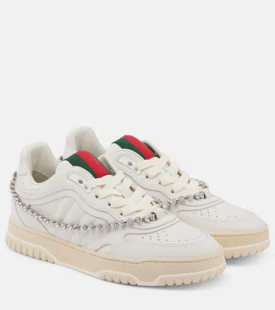 Gucci Re-web Grosgrain-trimmed Crystal-embellished Leather Sneakers In White