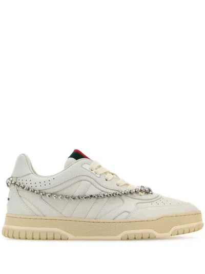 Gucci Re-web Grosgrain-trimmed Crystal-embellished Leather Sneakers In White