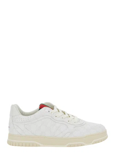 Gucci 're-web' White Low Top Sneakers With All-over Gg Motif In Leather Man