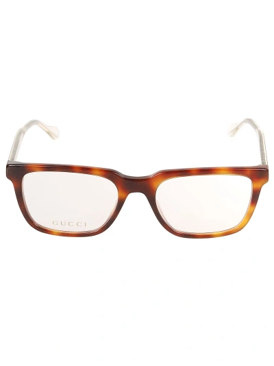 Gucci Rectangular Frame Flame Effect Glasses In 002 Havana Crystal Transp