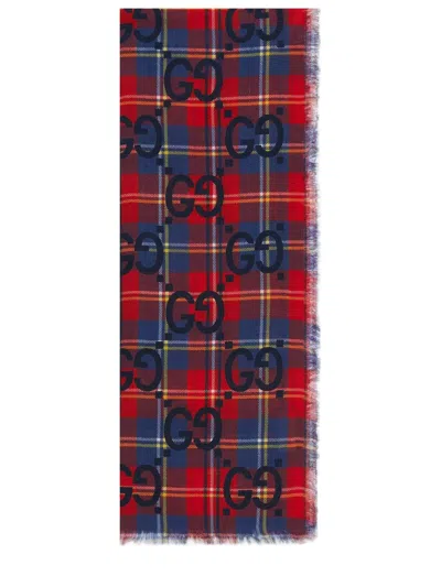 Gucci Red And Blue Tartan Wool Scarf With Maxi Gg Print For Men