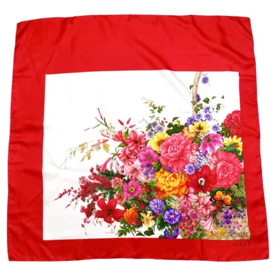 Pre-owned Gucci Red & Multicolor Basket Of Flowers Motif Silk Scarf Circa 1990s