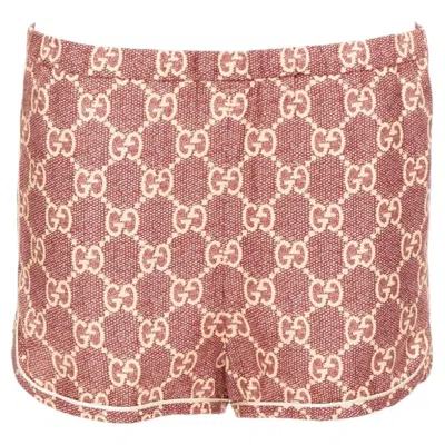 Pre-owned Gucci Red Beige Silk Twill Gg Supreme Monogram Satin Trimmed Pajama Shorts Xxs