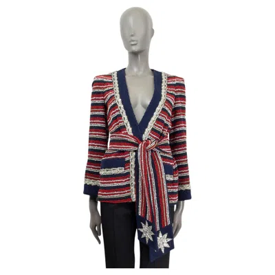 Pre-owned Gucci Red Blue White Cotton 2018 Crystal Striped Belted Boucle Jacket 40 S