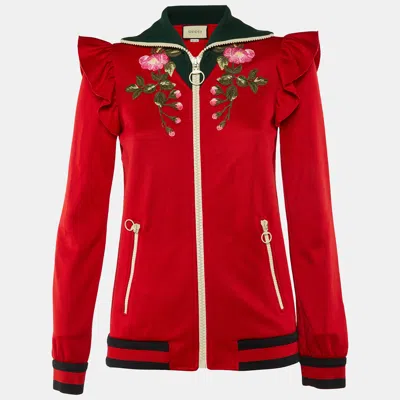 Pre-owned Gucci Red Cotton Blend Knit Floral Patch Detail Zip-up Jacket S