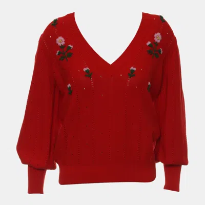 Pre-owned Gucci Red Cotton Floral Embroidered V-neck Sweater Size S