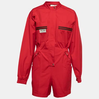 Pre-owned Gucci Red Cotton Web-stripe Detail Jumpsuit M