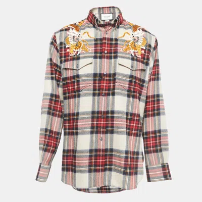 Pre-owned Gucci Red Dragon Embroidered Tartan Wool Long Sleeve Shirt L