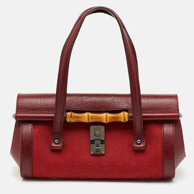 Pre-owned Gucci Red Gg Canvas And Leather Bamboo Bullet Bag