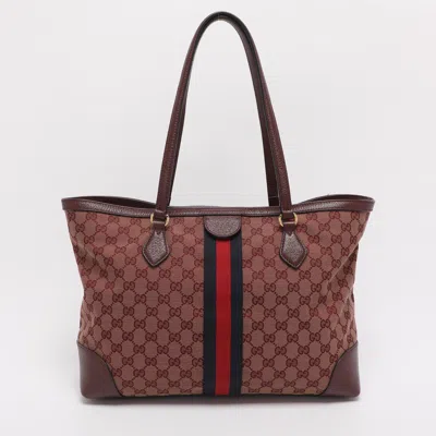 Pre-owned Gucci Red Gg Canvas And Leather Medium Web Ophidia Tote