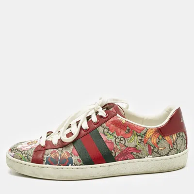 Pre-owned Gucci Red Gg Floral Gg Canvas And Leather Ace Low Top Sneakers Size 37.5