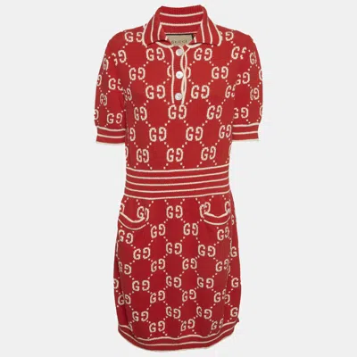 Pre-owned Gucci Red Gg Intarsia Cotton Knit Polo Dress Xl In Sand