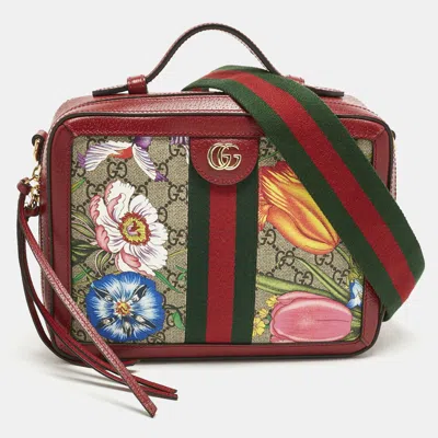 Pre-owned Gucci Red Gg Supreme Canvas And Leather Floral Ophidia Square Bag